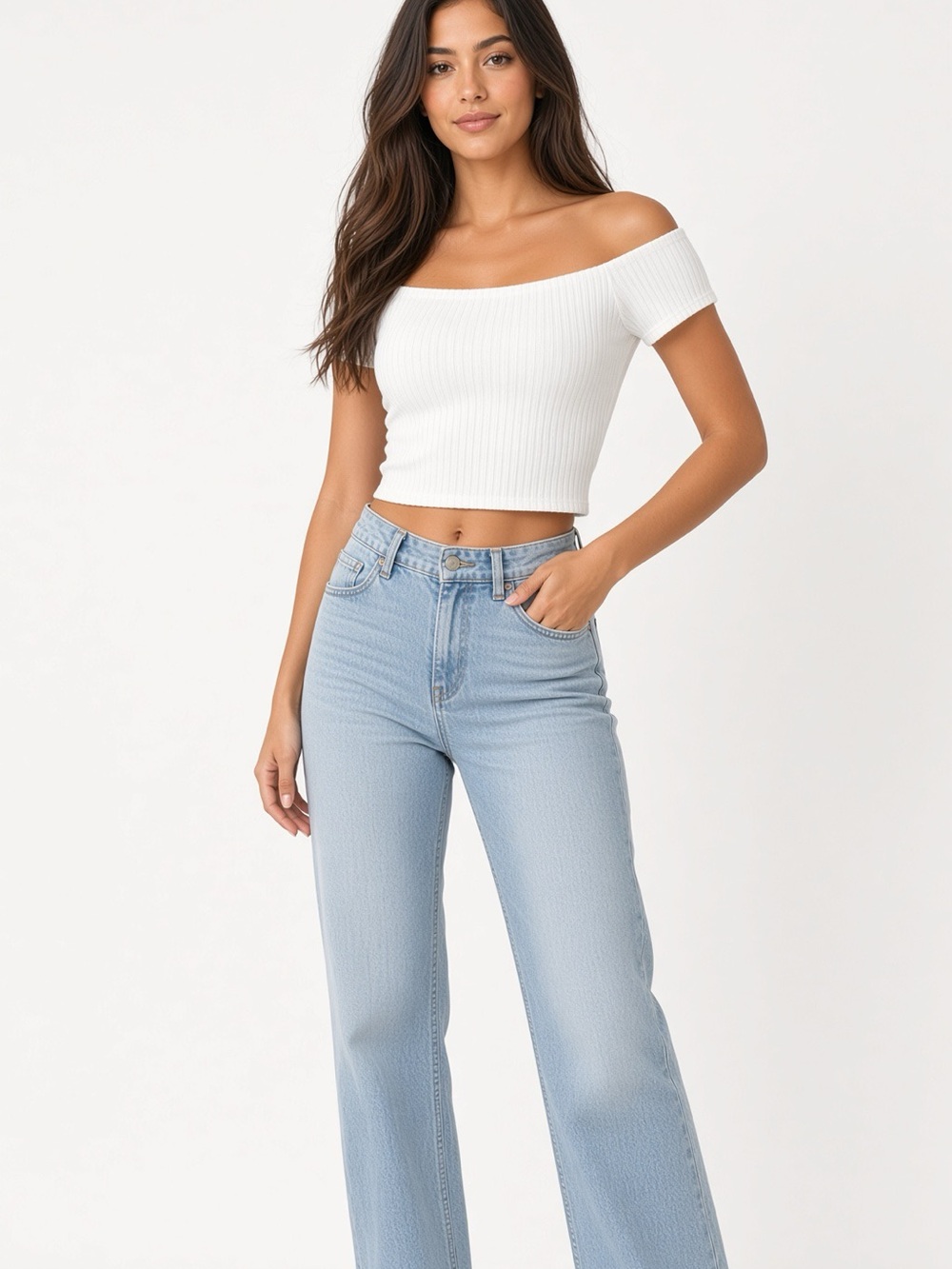 After Market Off-Shoulder Ribbed Crop Top - White Small NWOT